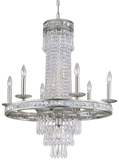 Clear Hand Polished Crystal Wrought Iron Chandelier in Olde Silver.